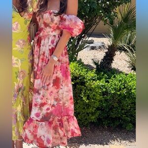 Floral Corset Puff Sleeve Midi Dress